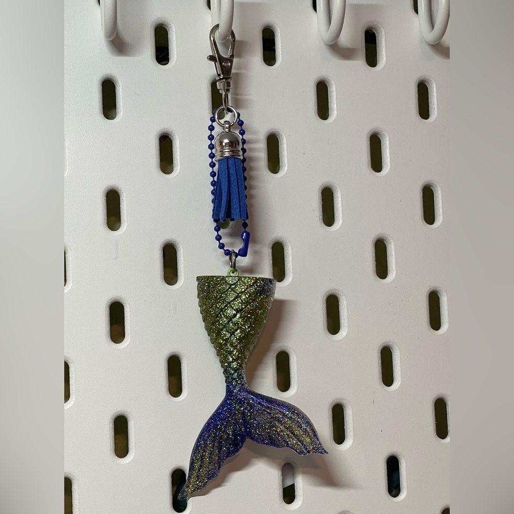 Handcrafted Resin Glittery Mermaid Tail Keychain with Tassel